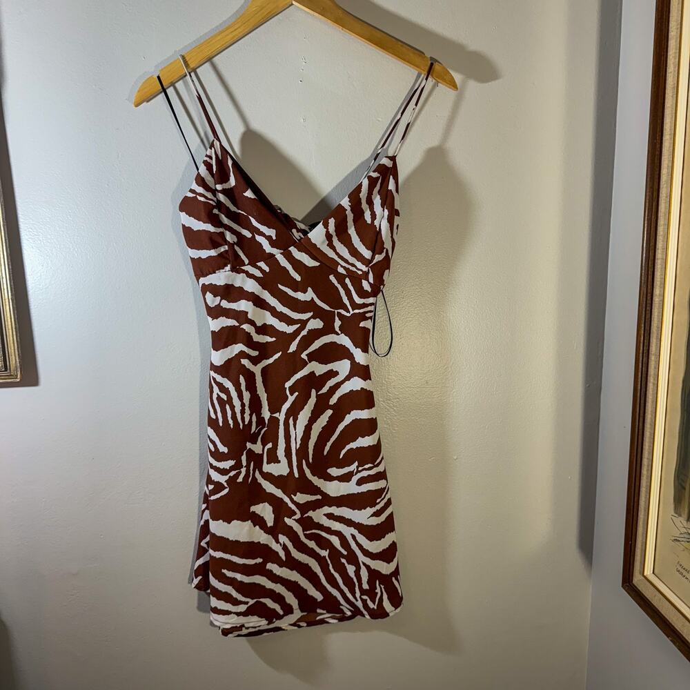 Vintage Windsor Zebra Print Mini Slip Dress 100% Linen Brown White Y2K Small